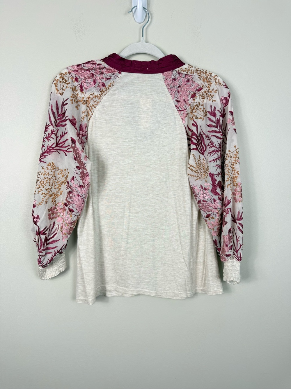 Anthropologie Tiny Top Women Small Embroidered Balloon Sleeve Pink Cream Smocked - Picture 3 of 10
